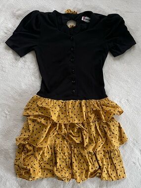 Vintage V Neck Dress with Yellow Polka Dot Skirt size 3-4